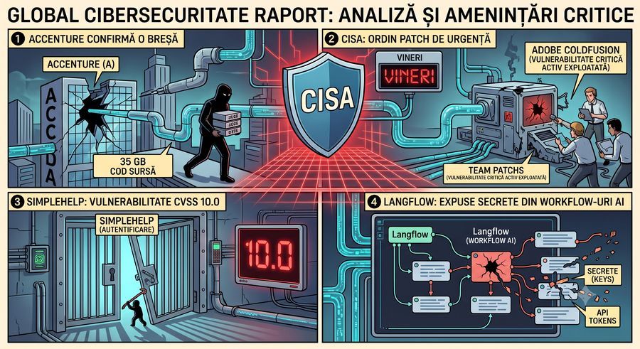 Rundă Securitate — 8 iulie 2026: Accenture confirmă o breșă, iar ColdFusion, SimpleHelp și Langflow au vulnerabilități critice exploatate activ